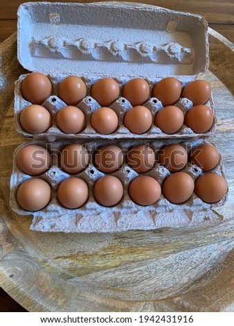 Closeup picture of 2 dozen brown eggs