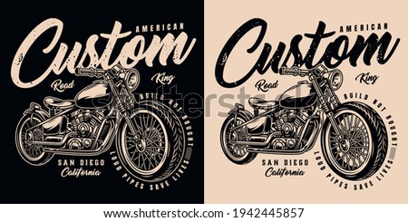 American custom motorcycle print with inscriptions and motorbike in vintage monochrome style isolated vector illustration
