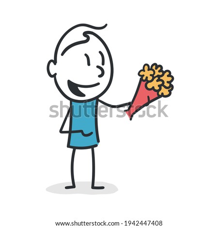 Stick man with bouquet of flowers. Stick man offering gift concept