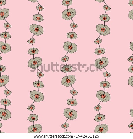 Seamless pattern with a linear ornament from the branches of honeysuckle with berries in pastel shades. 