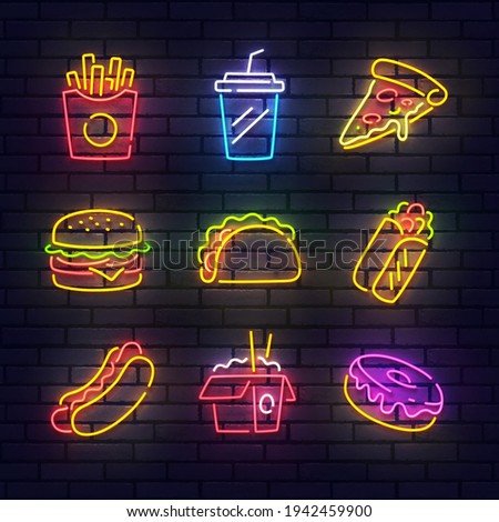 Fast Food neon icons. Food isolated icons, emblem, design template. French fries, Drink, Pizza, Burger, Taco, Shawarma, Hot Dog, Noodles, Donut. Vector Illustration