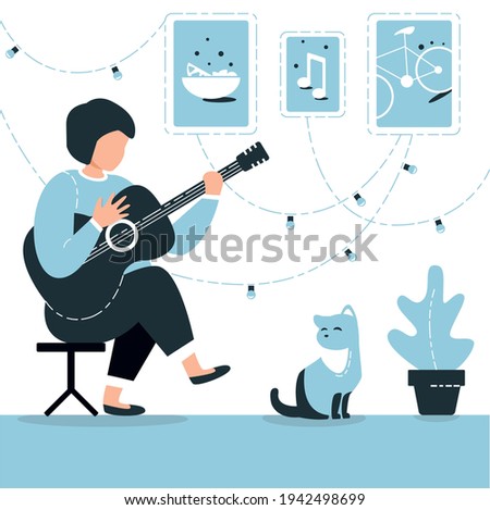 A variety of hobbies for the girl. Guitar playing, music, cooking, animals, cycling