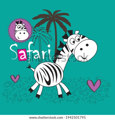 Cute zebra animal with palm trees vector illustration. T-shirt graphics design for kids.