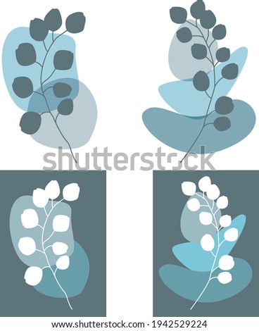 Vector flat design set: eucalyptus branches and simple free forms. Minimalism in blue and gray colors. Isolated on white elements for card, invitation , logo, illustration about nature , medicine
