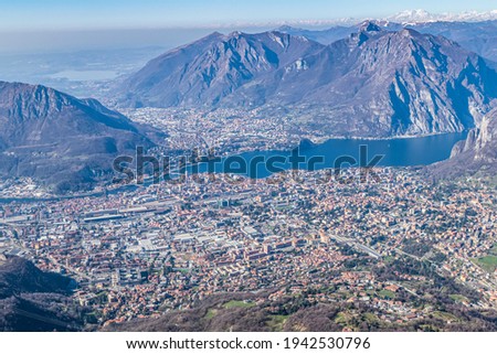 Extra wide view of the Lake of Lecco and the sorrounding mountains