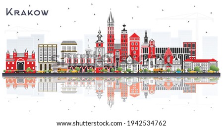 Krakow Poland City Skyline with Color Buildings and Reflections Isolated on White. Vector Illustration. Travel and Tourism Concept with Historic Architecture. Krakow Cityscape with Landmarks.