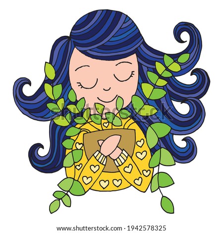 Cute girl with plant. Vector illustration. Little girl is holding a plant with a pot.