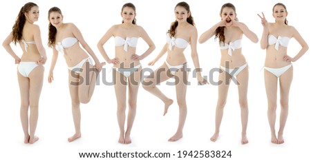 Pretty teenage girl in bikini as a group photo montage in the studio isolated on white