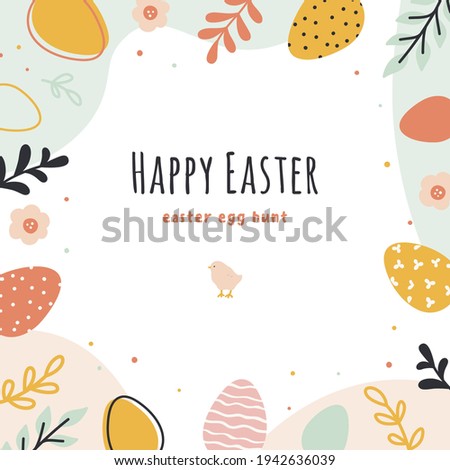 Easter eggs hunt. Hand drawn banner with easter eggs and decorative floral elements. Vector template for greeting cards, banners, posters.