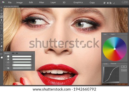 Professional photo editor application. Image of beautiful woman
