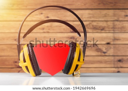 Modern headphone music with love red heart decoration, the greeting of valentine's day