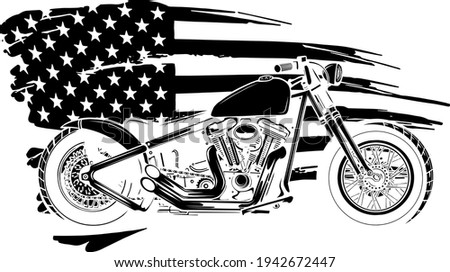black silhouette of chopper motorcycle with american flag vector illustration