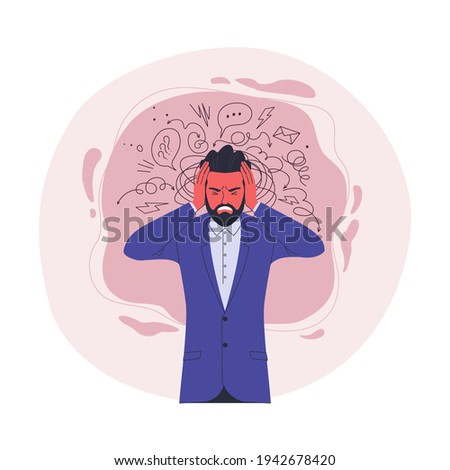 Businessman in stress. Vector illustration of cartoon young adult stressed man in a blue suit with hands on his head with doodle abstract elements on background Royalty-Free Stock Photo #1942678420