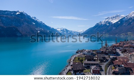 Drone pictures of the village of Brienz and its lake, Switzerland. 