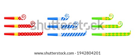 Rolled and unrolled party blowers, horns, noise makers. Collection of different sound whistles isolated on white background. Side view. Vector cartoon illustration. Royalty-Free Stock Photo #1942804201