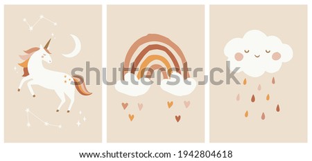 Scandinavian Style Kids Room Decoration. Cute Hand Drawn Unicorn, Rainbow and Cloud. Nursery Wall Art for Baby Boy And Baby Girl. Vector Illustration Set Ideal for Cards, Invitations, Posters. Royalty-Free Stock Photo #1942804618