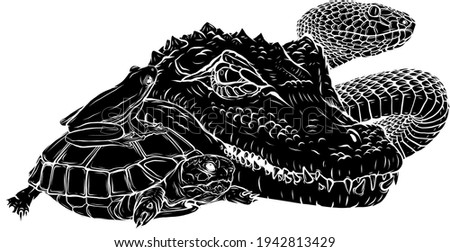 black silhouette of reptiles and amphibians. Wild Crocodile, snake, turtle and frog