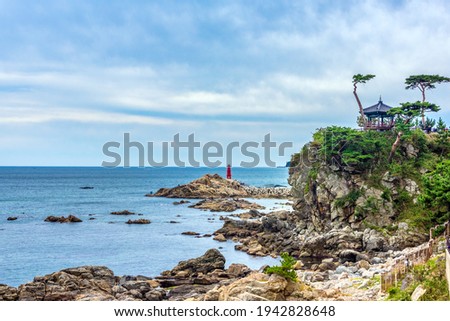 View of the East Sea with Uisangdae Pavilion of Naksansa Temple Royalty-Free Stock Photo #1942828648