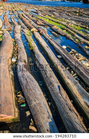 Pile of wood be immersed in water - landscape exterior Asia Thailand