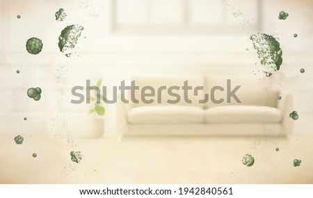 3d illustration of cleaning effect on blurry living room. Transparent shield protecting against germs, viruses and harmful microbes. Royalty-Free Stock Photo #1942840561