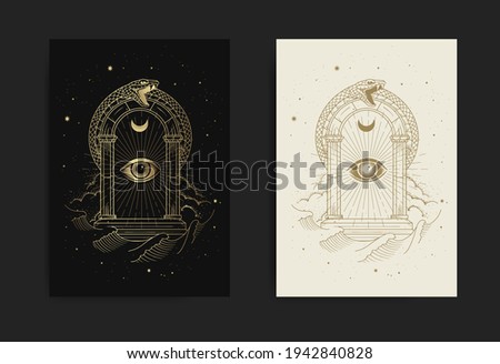 Gates of The universe with eye of god and snake ornament with engraving, handrawn, luxury, esoteric, boho, magic style, fit for paranormal, tarot card reader, astrologer or tattoo Royalty-Free Stock Photo #1942840828