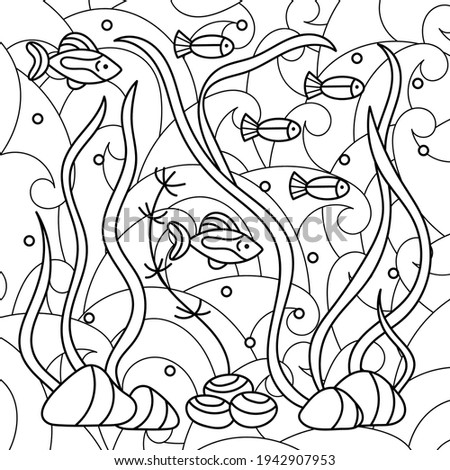 Coloring book for adults , Underwater. Hand drawn Marine vector motif . Doodles of the underwater world, sea, ocean, river . Fish, shells and corals, seaweed and waves. Monochrome. Aquariums