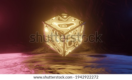 A glowing golden textured cube  floating on rough surface and surrounded by blue and red lights effect. Perfect for background use