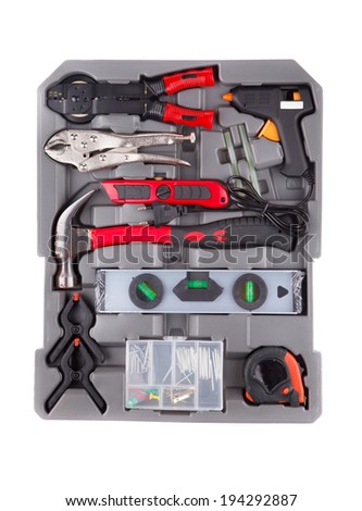 Tools in a gray toolbox. Isolated on a white background.