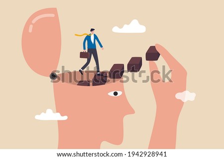 Personal development, self improvement or motivation to activate full potential, learning new skill to success, individual career growth concept, businessman walking on staircase from his own brain. Royalty-Free Stock Photo #1942928941