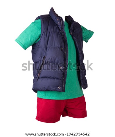  dark blue sleeveless jacket,retro heather green  t-shirt and red sports shorts  isolated on white background. Valid clothes for cool weather
