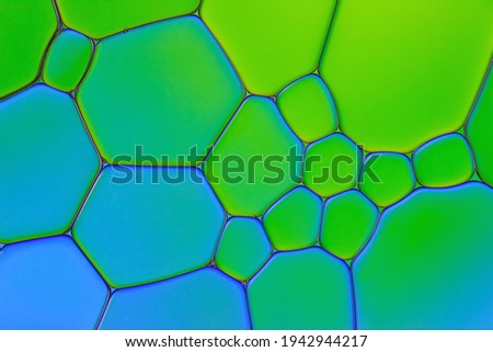 Bright Background Closeup of Asymmetric Oil Drops in Liquid. Creative Macro Photo of Water Surface with Gradient Blue and Green Bubbles. Abstract Design of Watery Texture.