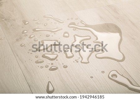 Water and moisture on the wooden parquet floor in the living room. Moisture protection for wooden floors and laminates. Royalty-Free Stock Photo #1942946185