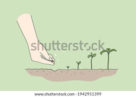 Agriculture, environment, new life concept. Human hand planting seed germination sequence starting new life beginning over green background vector illustration  Royalty-Free Stock Photo #1942951399