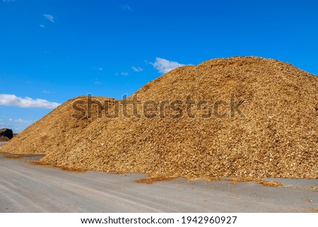 Woodchips piles on a storage site Royalty-Free Stock Photo #1942960927