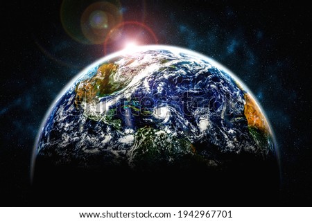 Planet earth globe view from space showing realistic earth surface and world map as in outer space point of view . 