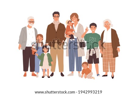Portrait of big happy family with children, mother, father, grandfather and grandmother isolated on white background. Parents, grandparents and grandchildren. Colored flat vector illustration Royalty-Free Stock Photo #1942993219