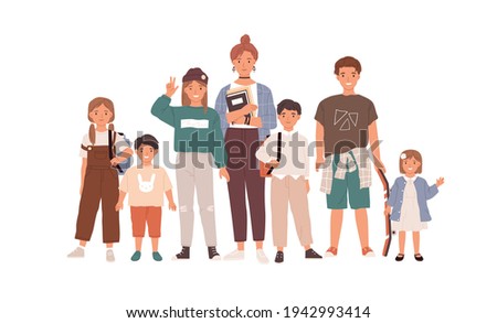 Portrait of happy children and teenagers. Group of modern boys and girls of different ages standing together. Flat vector illustration of sisters and brothers isolated on white background Royalty-Free Stock Photo #1942993414