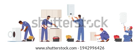 Set of Plumber Male Characters Repair Broken Technics Washing Machine, Sink, Heater and Heating Pipes. Plumbing Handyman Service, Call Master Fixing Home Appliances. Cartoon People Vector Illustration Royalty-Free Stock Photo #1942996426