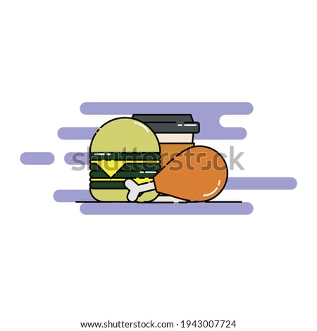 Cute double cheese burger, coffee, and drumstick Illustration, wallpaper. modern simple food vector icon, flat graphic symbol in trendy flat design style.