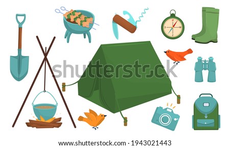 set of vector illustrations on the theme of tourism and hiking isolated on a white background