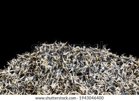 Heap of calendula (marigold) flower seeds on a black background, stored or prepared for planting. A genus of annuals and perennials of the Astrov family.