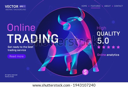 Online trading business service landing page template with a high-quality rating. Abstract outlined vector illustration of a bull or bison silhouette in 3d neon line art style