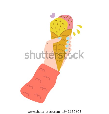 Hand holding ice cream in the waffle cone. Hand drawn flat illustration.