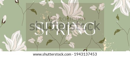 floral spring  social media header or banner for advertising with chic magnolia flower pattern on green dusty background