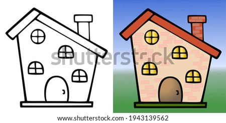 Vector illustration. Simple drawing of the house in black and white and color
