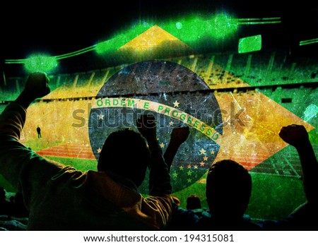 Vintage photo of Brazil flag and silhouette of supporters in stadium