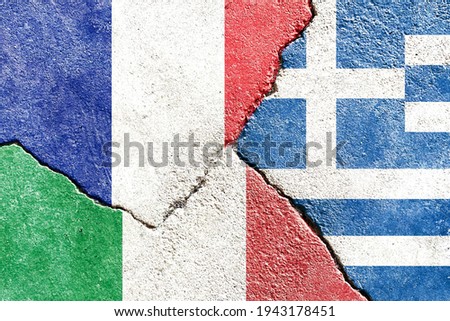 Grunge France VS Italy VS Greece national flags icon pattern isolated on broken cracked wall background, abstract international political relationship divided conflicts concept texture wallpaper