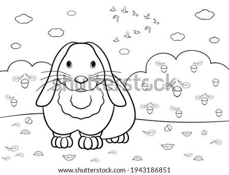 Rabbit is standing on a autumn lawn. Illustration for coloring book.