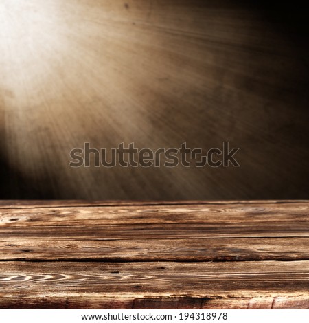 retro brown table with wall of light of lamp and empty decoration 