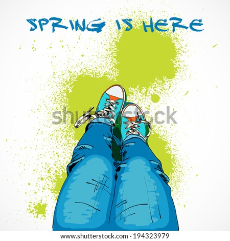 Hand drawn legs in colored funky gumshoes spring is here poster vector illustration
